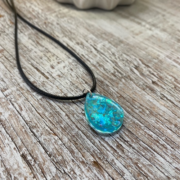 Iridescent Blue Teardrop Necklace - Handmade - Picture 10 of 13